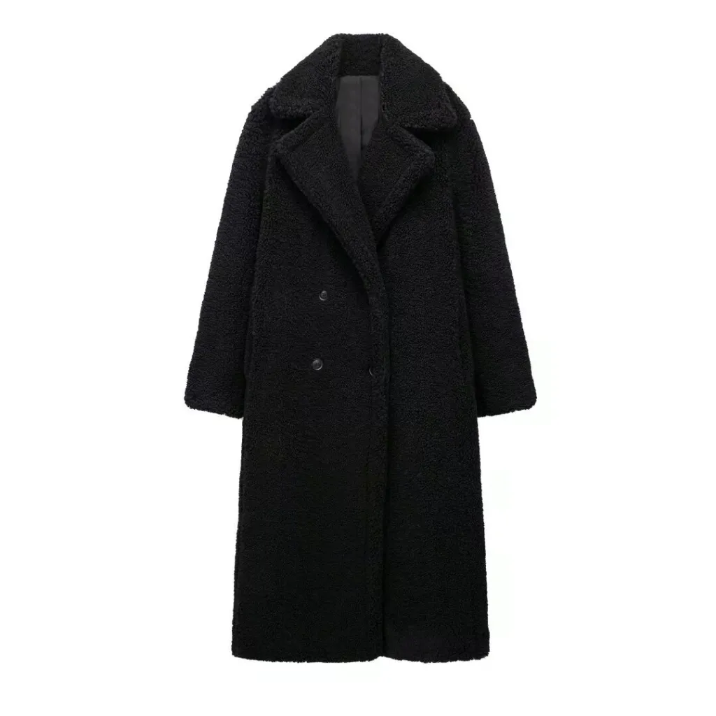 Oversized Coat With A Large Lapel Made Of Thick Lambswool Fleece - Black