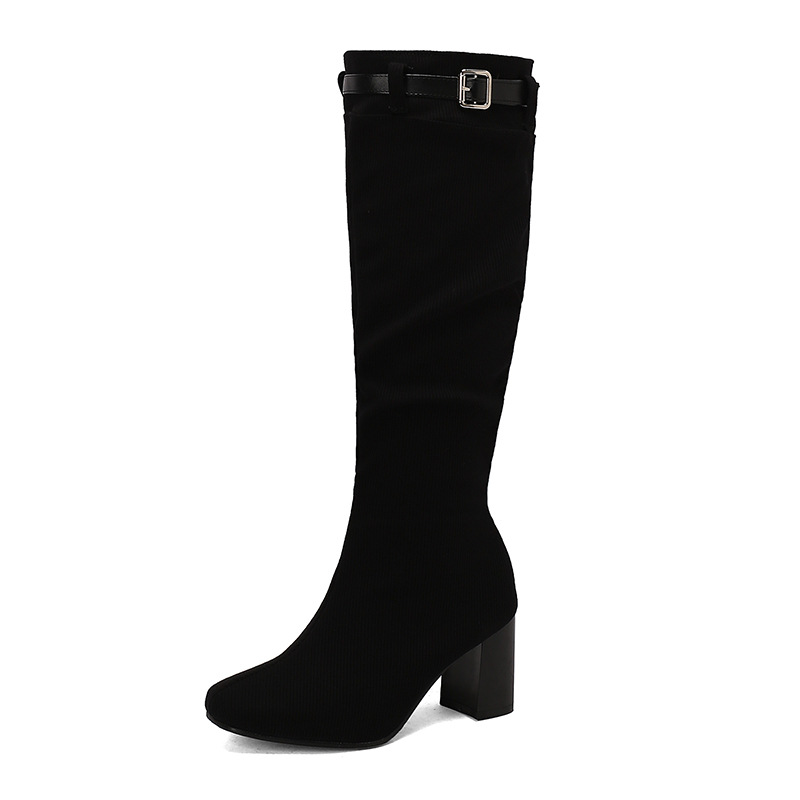 Chunky-heeled Over-the-knee Boots With Color-block Leather Belt Buckle