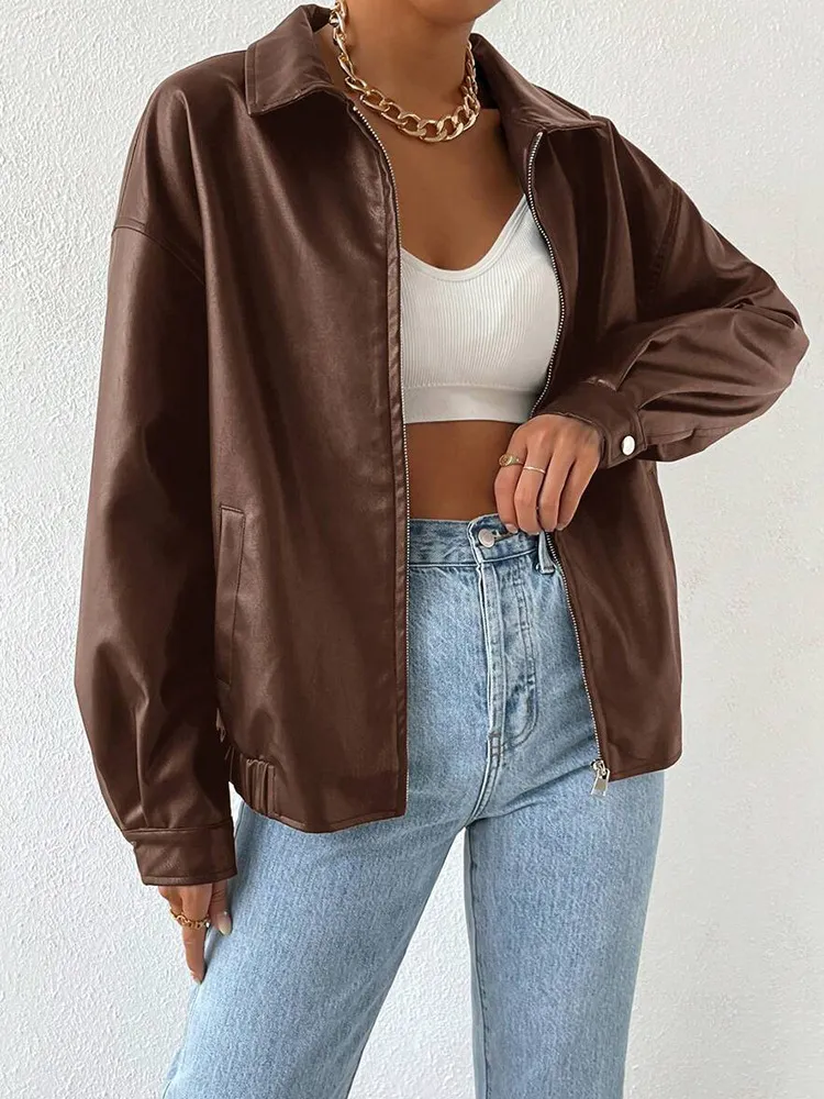 PU Leather Coat Retro Biker's Long Sleeve Zipper Lapel Jacket - Dark Brown
