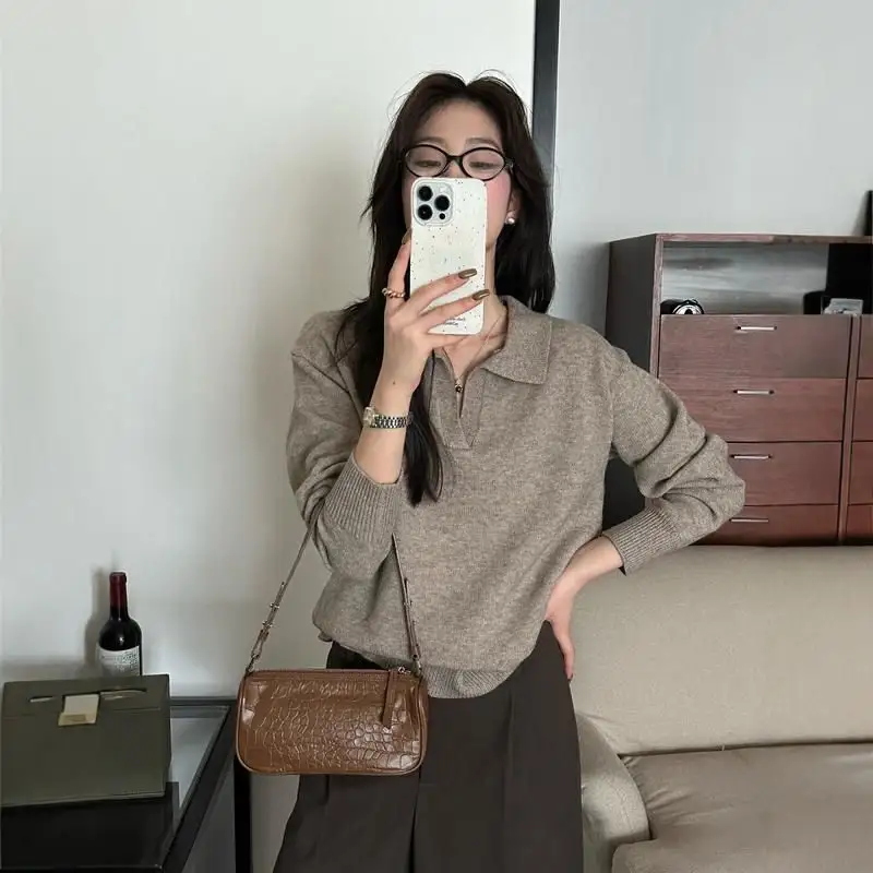 Dark Gray Preppy-style Knitted Long-sleeve Bottoming Top
