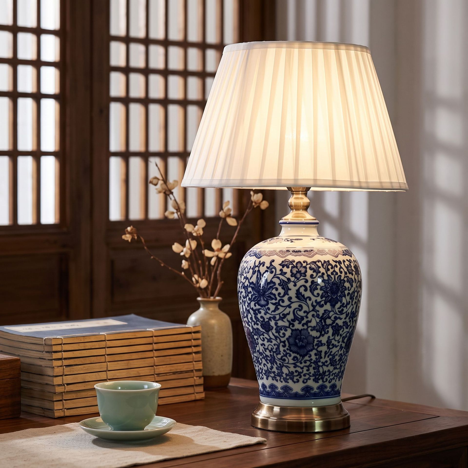 Lampă de masă retro din ceramică pentru sufragerie, în formă de vază de prune, albastră și albă