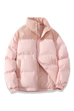 Winter Stand Collar Contrast-colored Coat Cotton Padded Jacket For Men Women Clothing - Pink - View 1