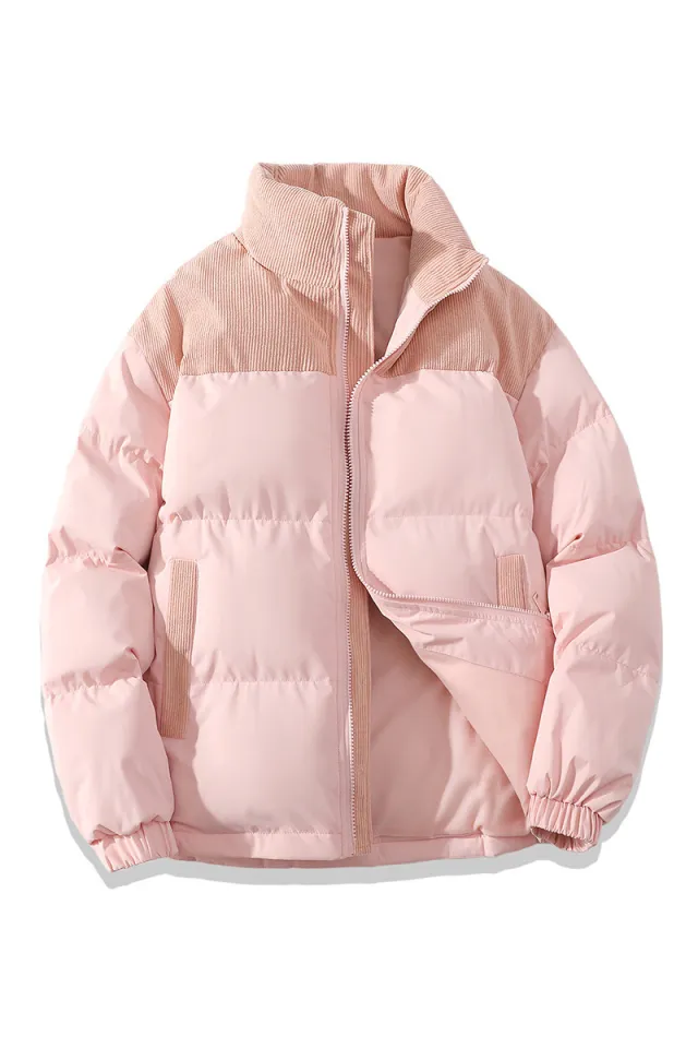 Winter Stand Collar Contrast colored Coat Cotton Padded Jacket For Men Women Clothing Pink - Shop at LoveMi