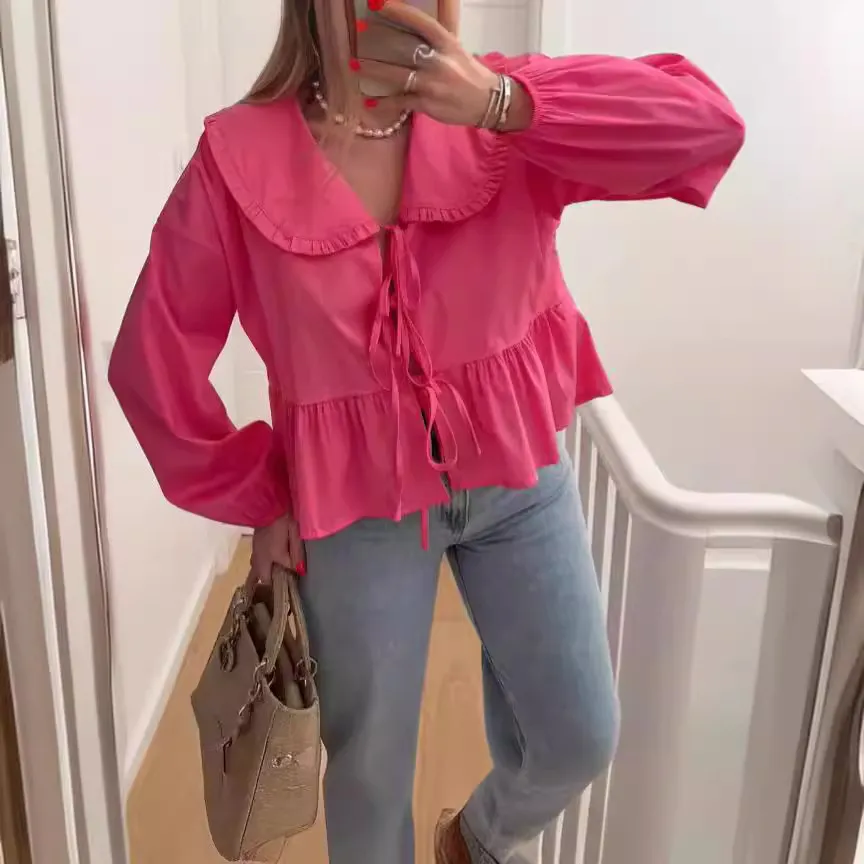 Cross Border Stringy Selvedge Lace-up Doll Collar Shirt Lantern Sleeve Sweet All-matching Top - Pink