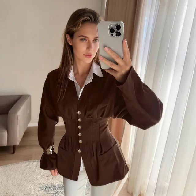 Simple French Waist V neck Shirt Slim Fit Brown Long Sleeve Brown - Shop at LoveMi