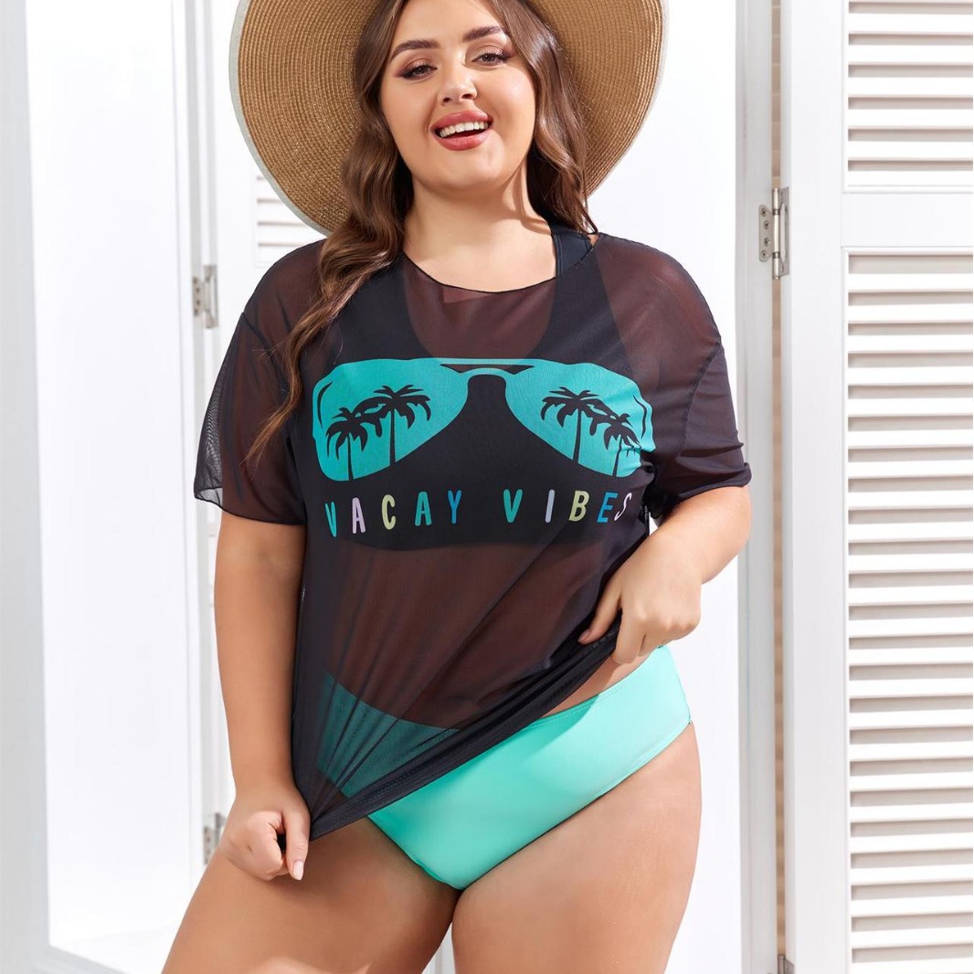 New Swimwear Mesh See-through Blouse Plus Size Swimsuit Bikini Three-piece Set
