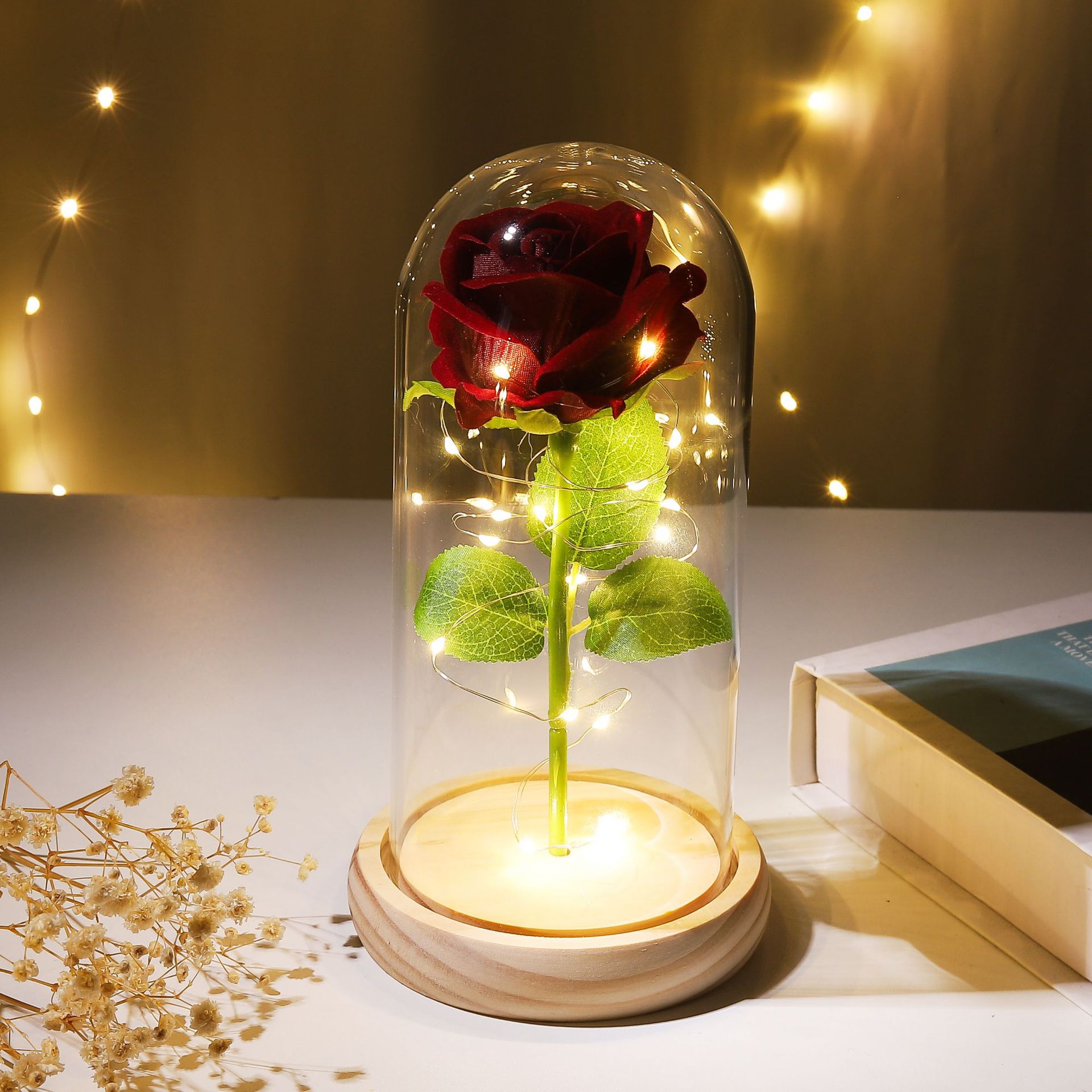 Preserved Flower Glass Dome Artificial Rose Night Light For Christmas