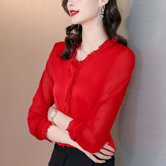 New Solid Color Chiffon Long sleeved Shirt For Women Red - Shop at LoveMi
