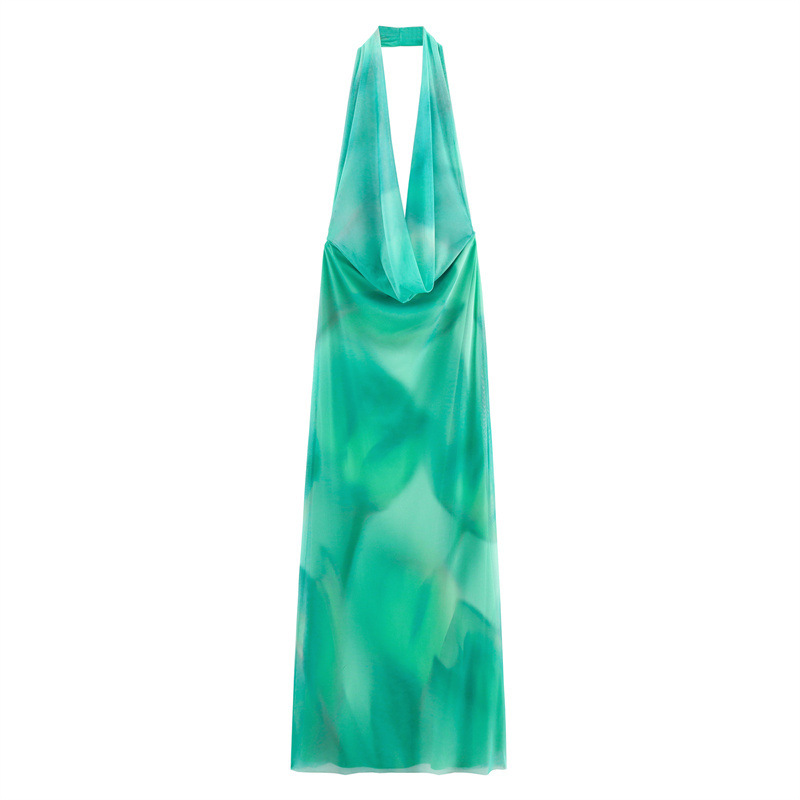 Printing Silk Net Long Halter Dress