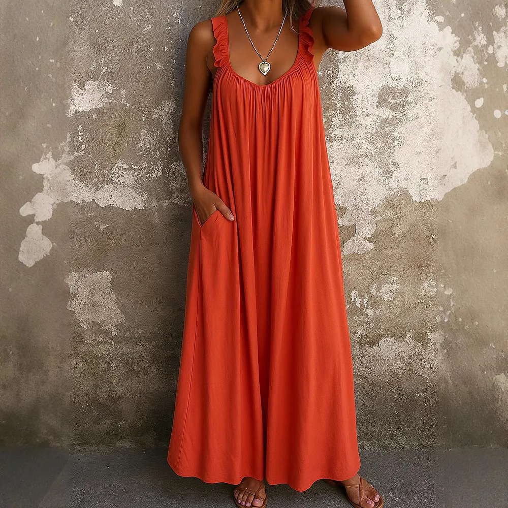 Women's Casual Sleeveless U-Neck Regular Gather Multi-color Dress - Red