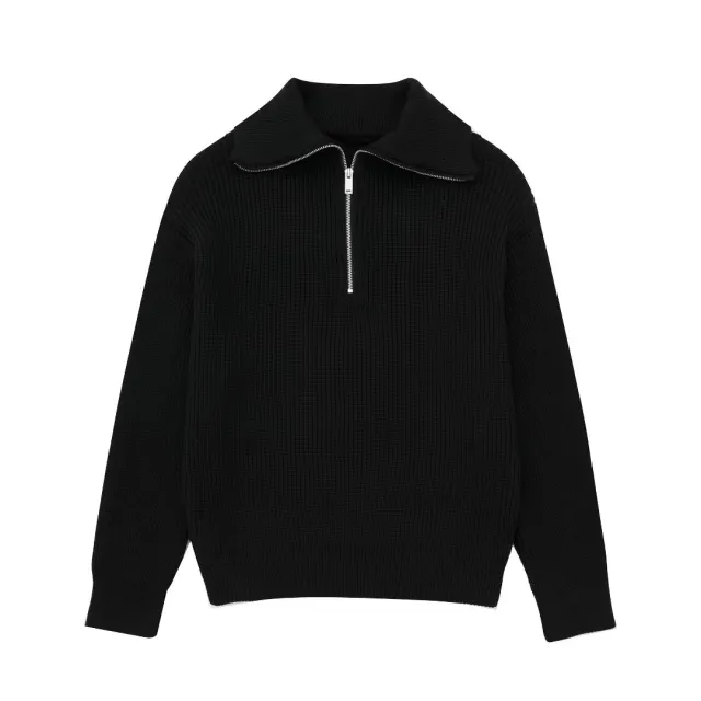 Casual All match Open Collar Wool Sweater Black - Shop at LoveMi
