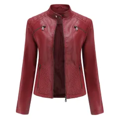Women's Casual Leather Clothing Stand Collar Jacket - Tan - View 1