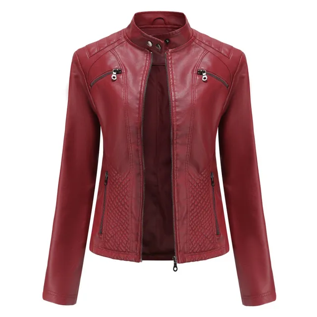 Women's Casual Leather Clothing Stand Collar Jacket Tan - Shop at LoveMi
