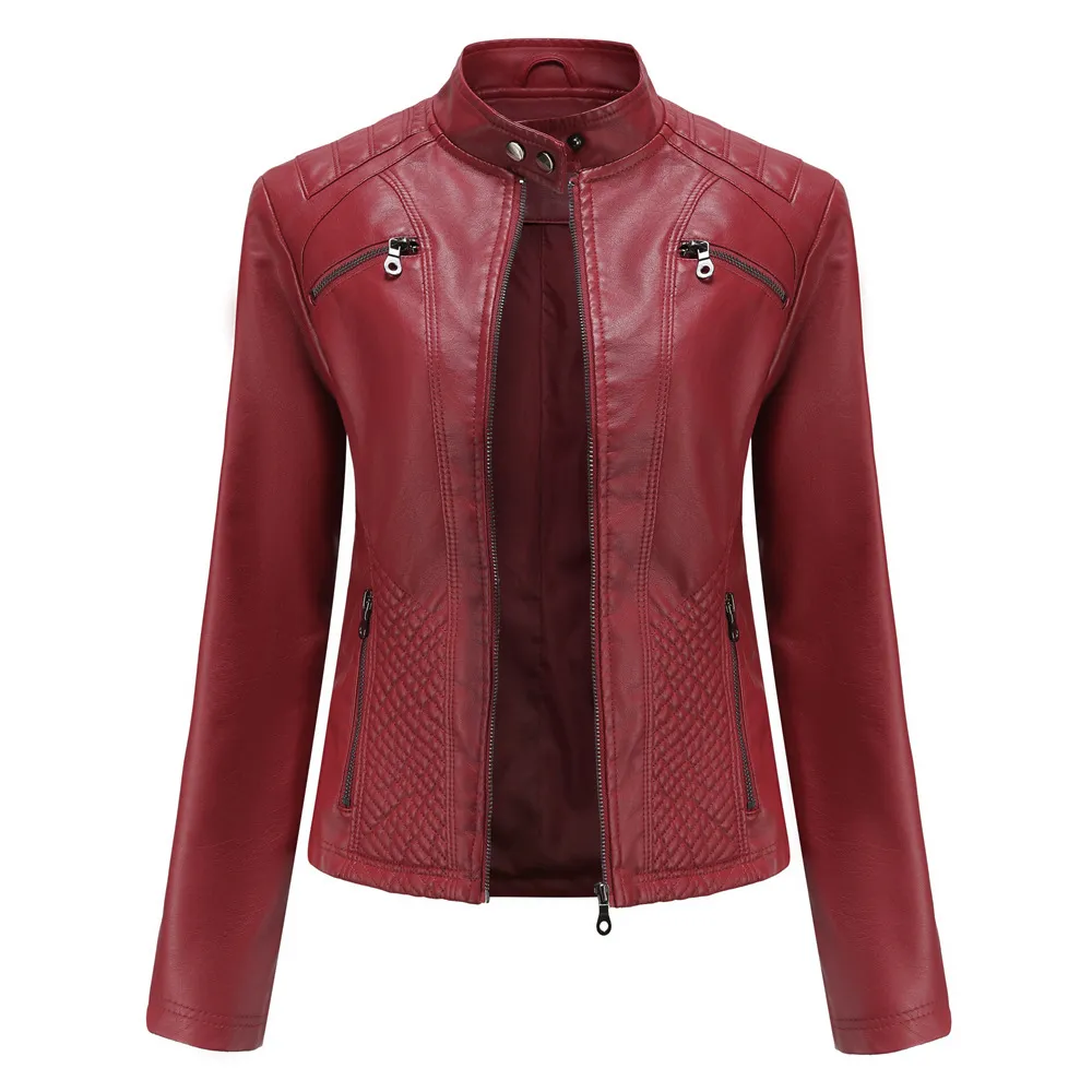 Women's Casual Leather Clothing Stand Collar Jacket - Wine