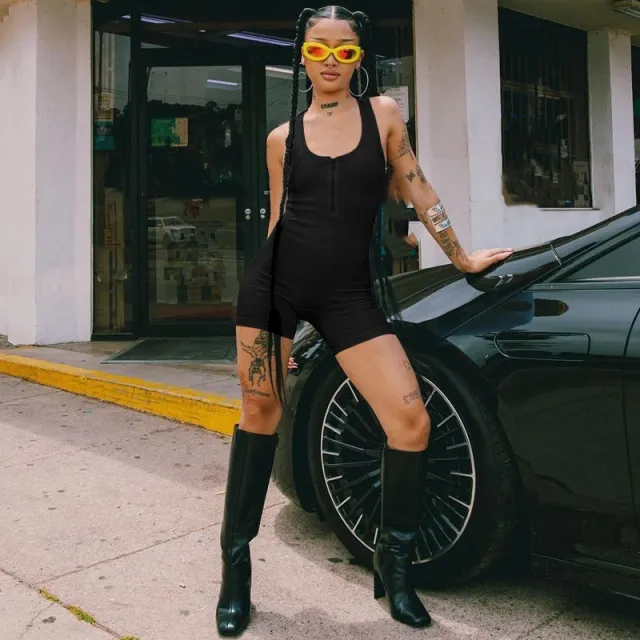 Solid Color Small Sunken Stripe Halter Low Collar Low cut Zipper Design Tight Jumpsuit Black - Shop at LoveMi