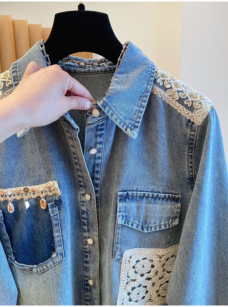 Loose-fit Lace Epaulette Patchwork Shirt Jacket Top Loose-fit Lace Epaulette Patchwork Shirt Jacket Top