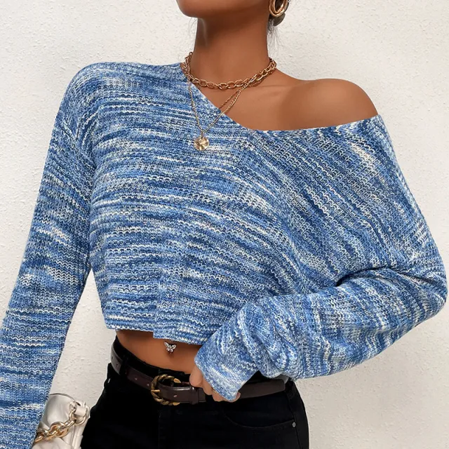 New Autumn And Winter European And American Fashion Short Blue Long Sleeved V neck Sweater Blue - Shop at LoveMi
