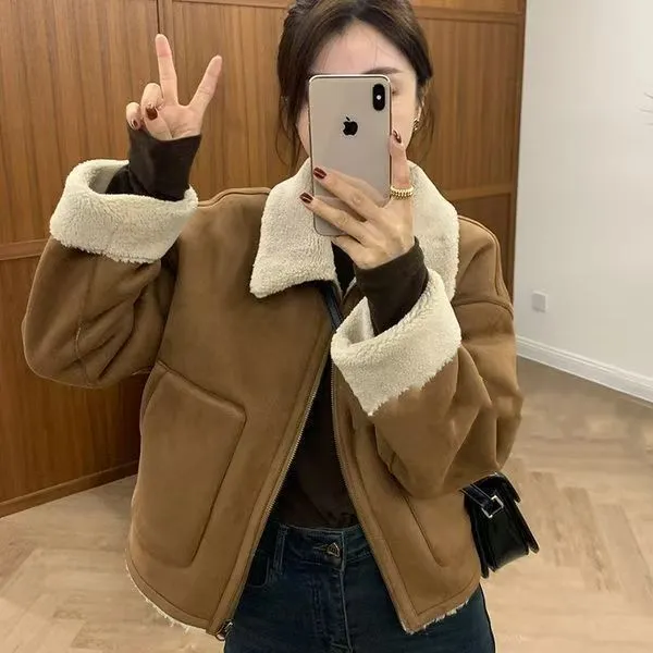 Autumn And Winter New Warm Thickened Imitation Lamb Wool Deerskin Velvet Leather Jacket Brown - Shop at LoveMi