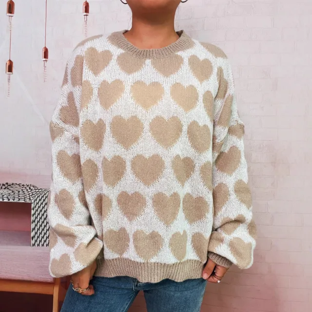 Fashion Color Contrast Knitted Pullover Round Neck Love Loose Sweater Khaki - Shop at LoveMi