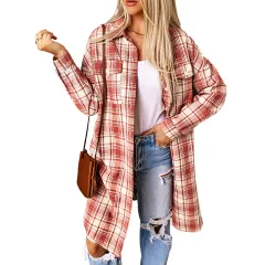 Women's Printed Checks Mid-length Shirt Coat - Red - View 1