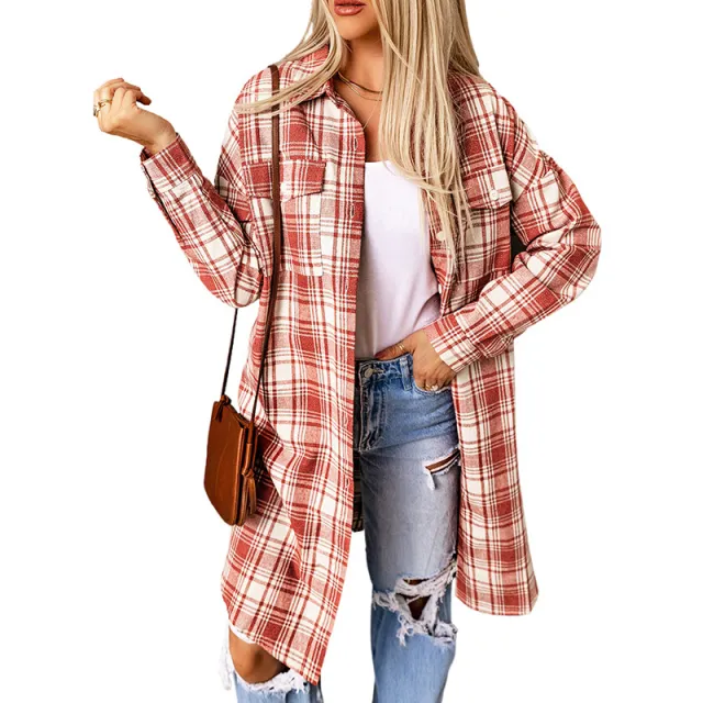 Women's Printed Checks Mid length Shirt Coat Red - Shop at LoveMi
