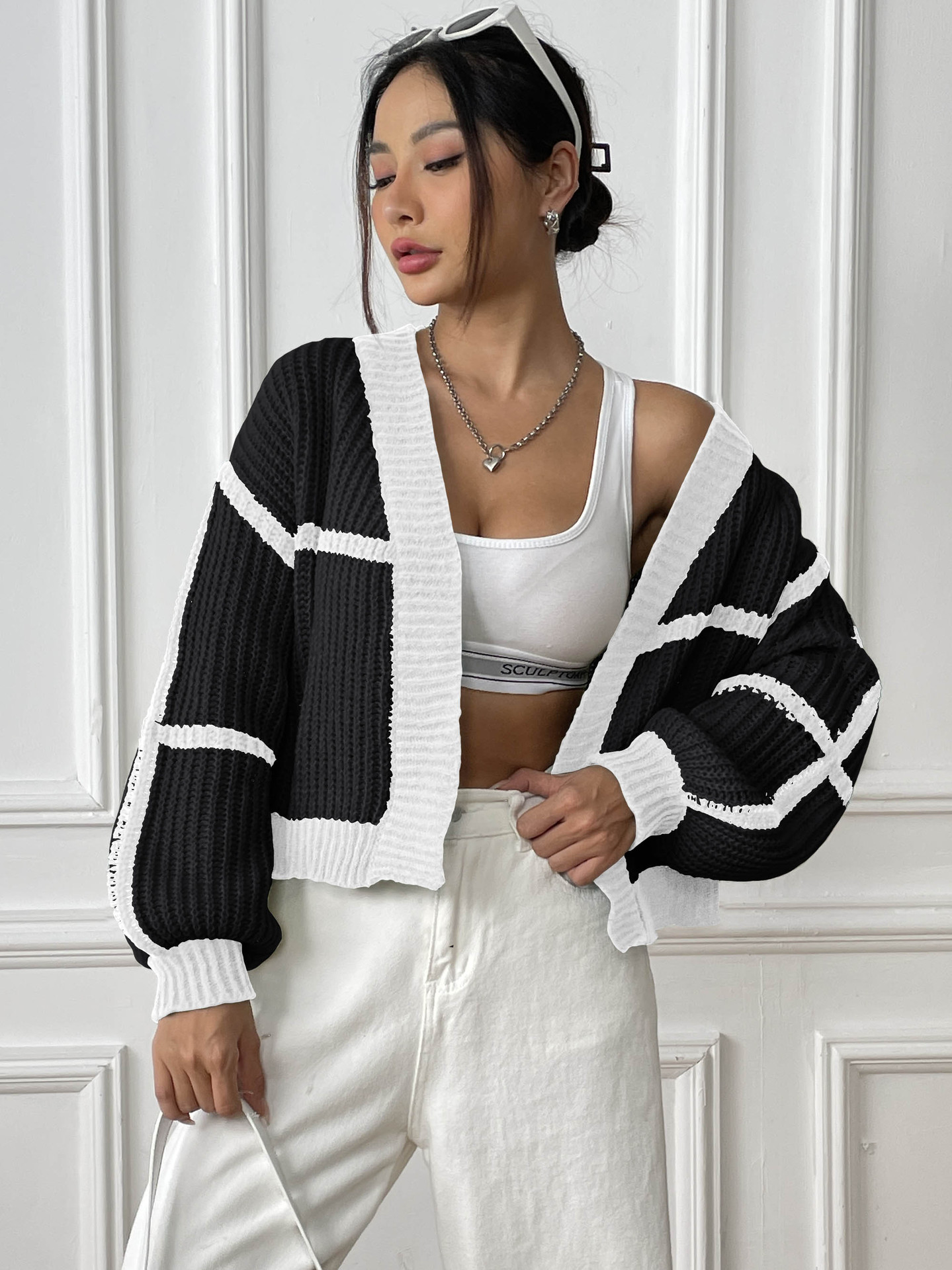 Color Contrast Patchwork Short Casual Loose Woven Sweater