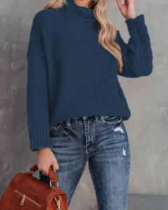 Women's High-neck Long-sleeve Rolled-edge Knit Sweater - Navy - View 1