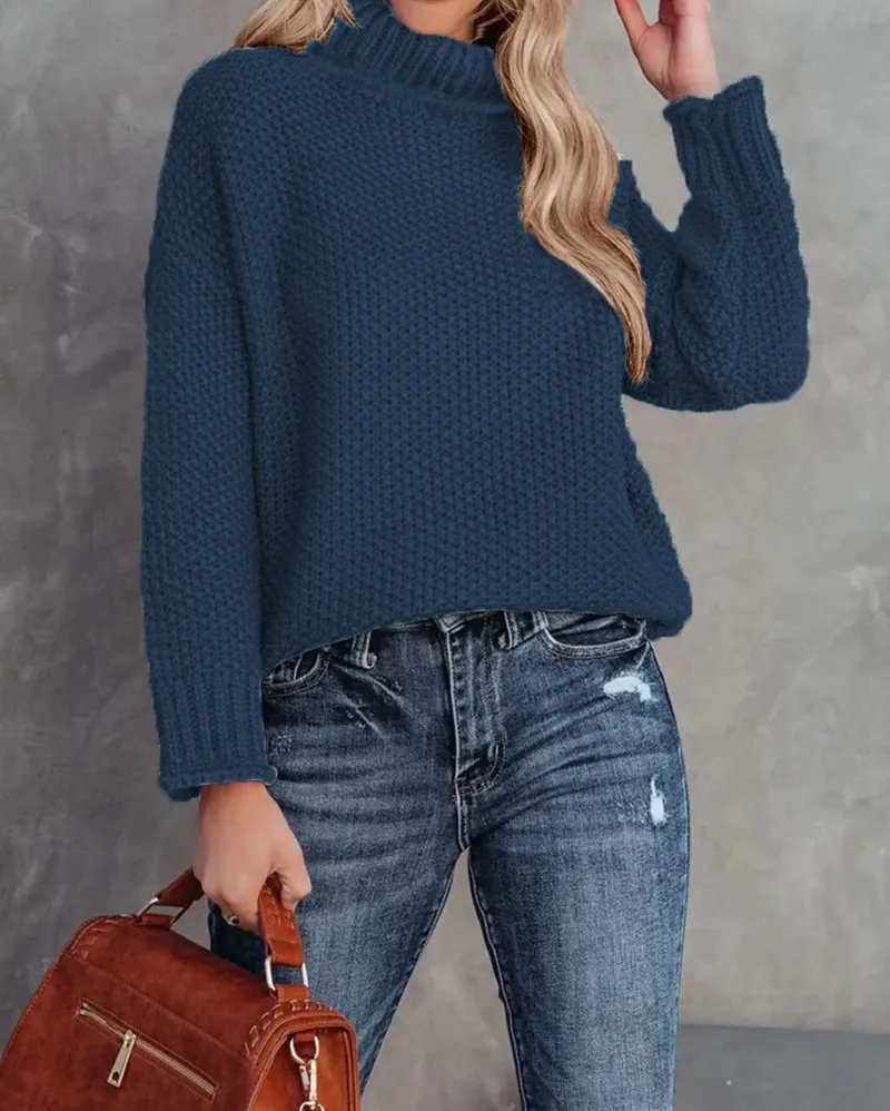 Women's High-neck Long-sleeve Rolled-edge Knit Sweater - Navy