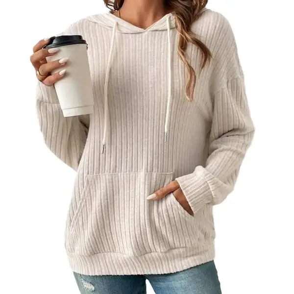 Fashion Drawstring Long-sleeved Hooded Sweatshirt with Pockets Solid Sunken