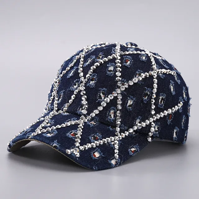 Ripped Diamond Denim Baseball Cap Leopard Rhinestone Fashion Peaked Cap Dark Blue - Shop at LoveMi