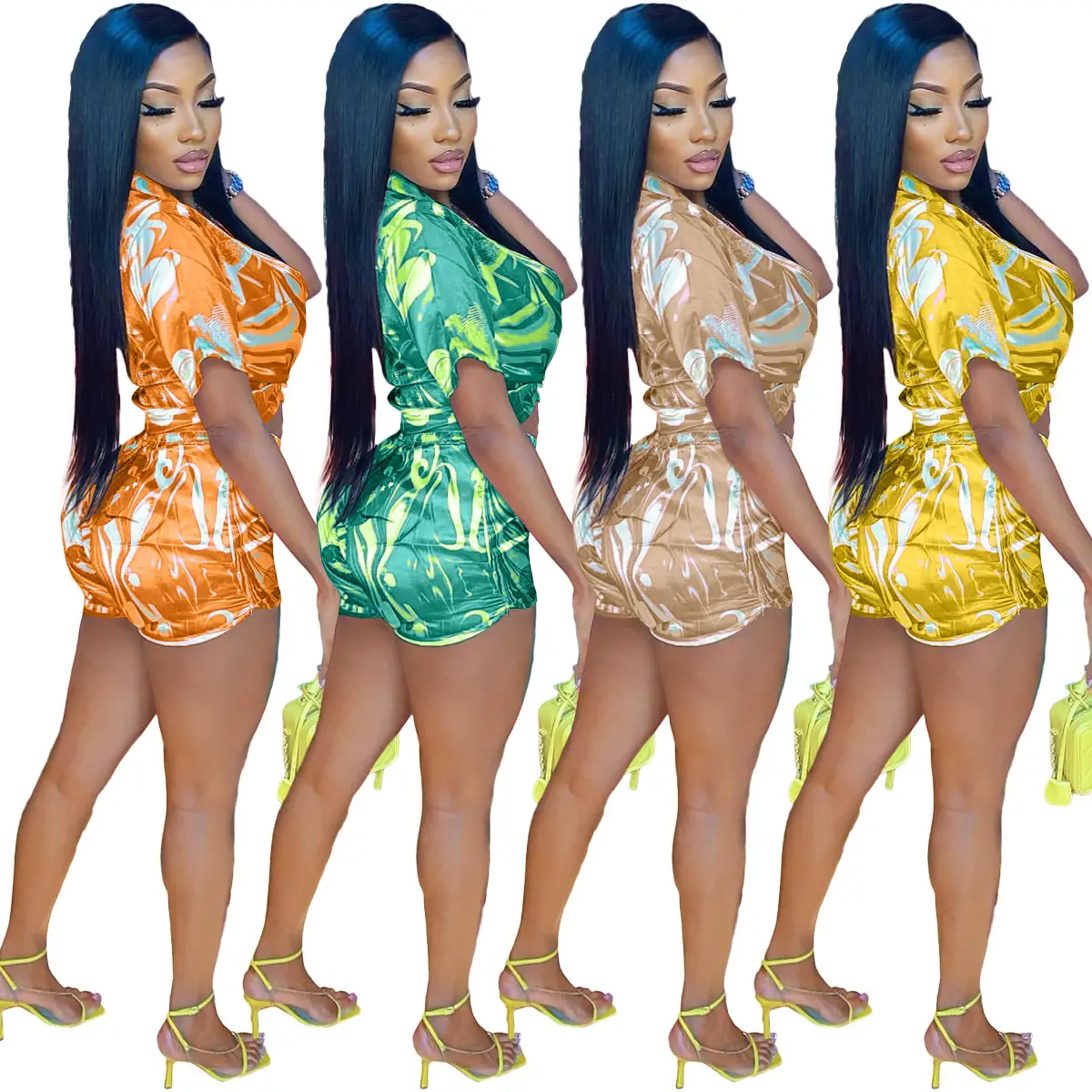Summer Stretch Satin Printed Shirt Short Two-piece Set