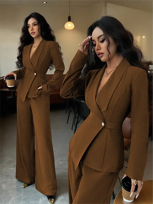 Women's Long sleeved Suit Jacket Straight leg Pants Top And Bottom Coffee Color - Shop at LoveMi