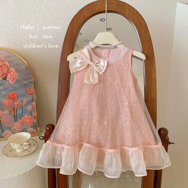 Sleeveless Girls Dress With Bow And Mesh