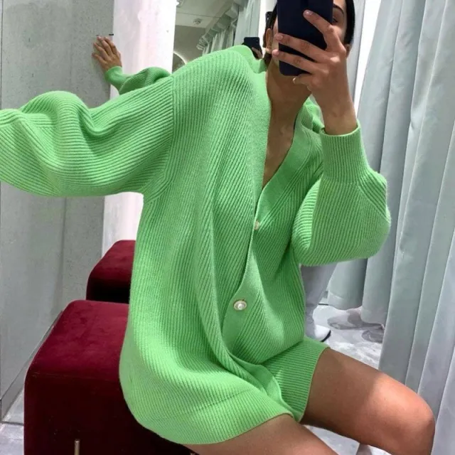 Solid Color Casual Cardigan Loose Knitted Breasted Cardigan Green - Shop at LoveMi