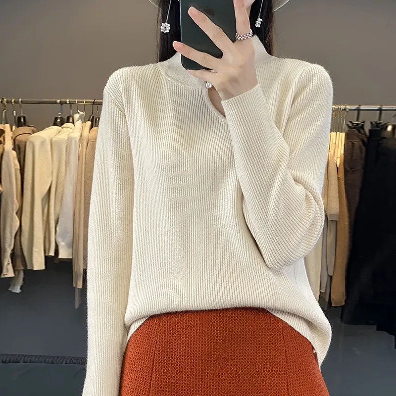 Half Turtleneck New Buckle Sweater Women's Sweater - Beige