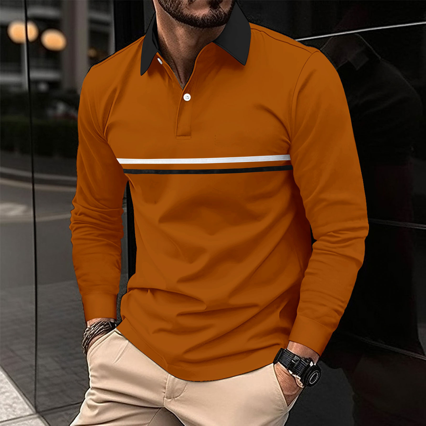Button-down Long-sleeve Mens Sports Polo Shirt