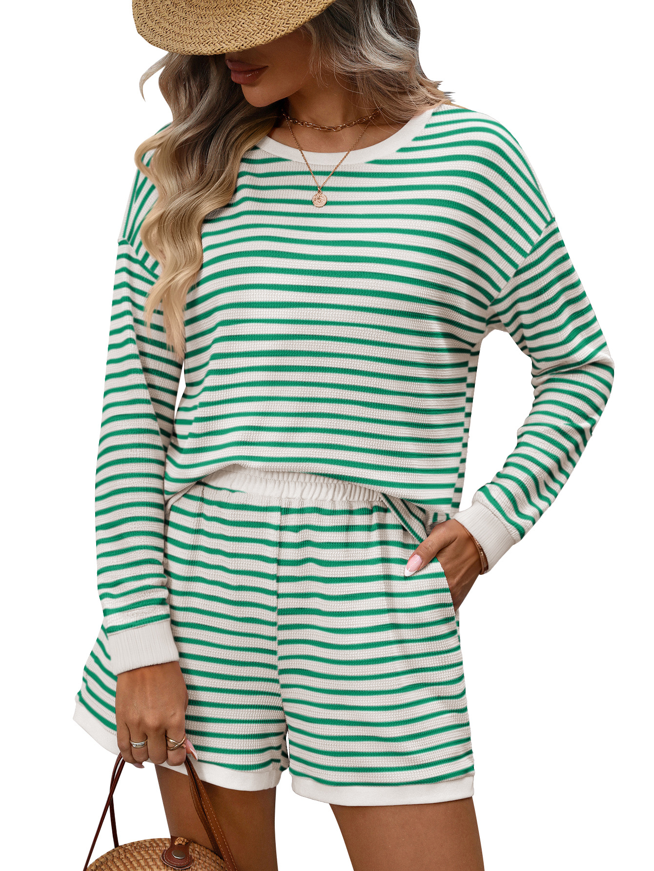 Womens Crew-neck Spliced Long-sleeve Shorts Two-piece Set 7