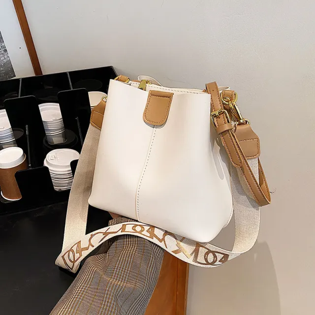 French Minority Design Simple Wide Shoulder Strap Bucket Bags Female Beige - Shop at LoveMi