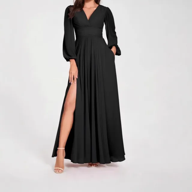 Solid Color V Neck Slit Long Sleeve Pleated Elegant Maxi Dress Black - Shop at LoveMi