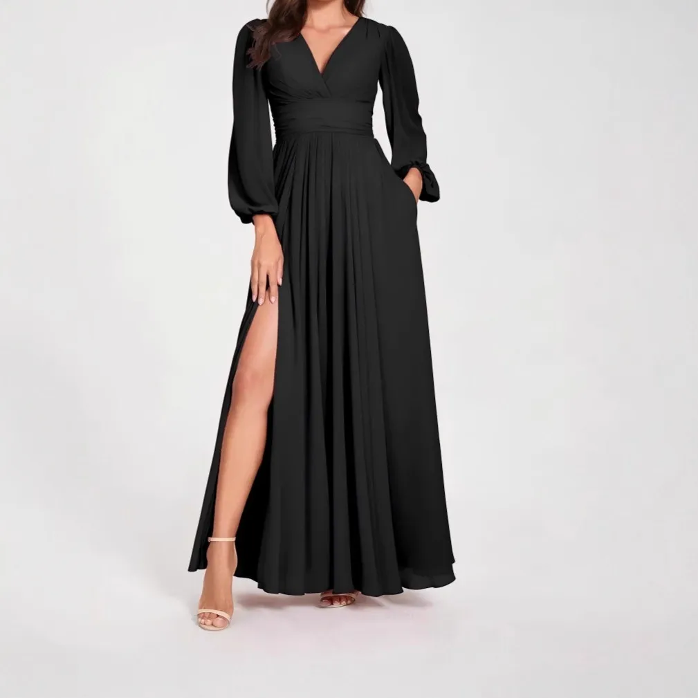 Solid Color V Neck Slit Long Sleeve Pleated Elegant Maxi Dress - Black