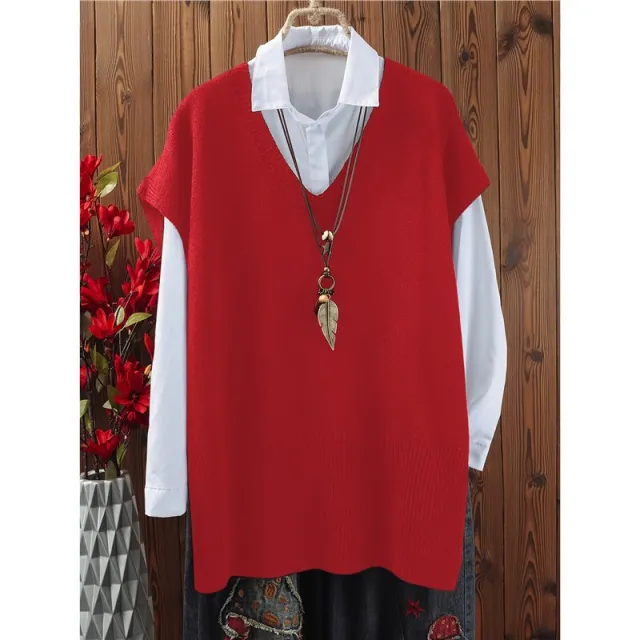 All matching Loose V neck Plus Size Sweater Vest Red - Shop at LoveMi