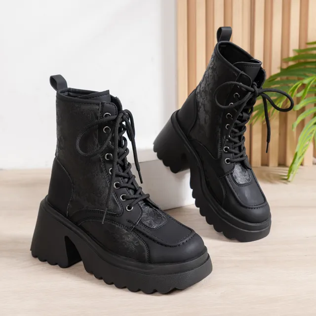 Leopard Print Chunky Heel Booties Female Lace up Platform British Leopard - Shop at LoveMi