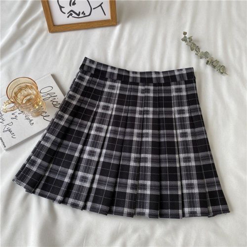 Autumn Winter Retro Coffee Color Plaid High Waist Half length Summer Dress For Women Black - Shop at LoveMi