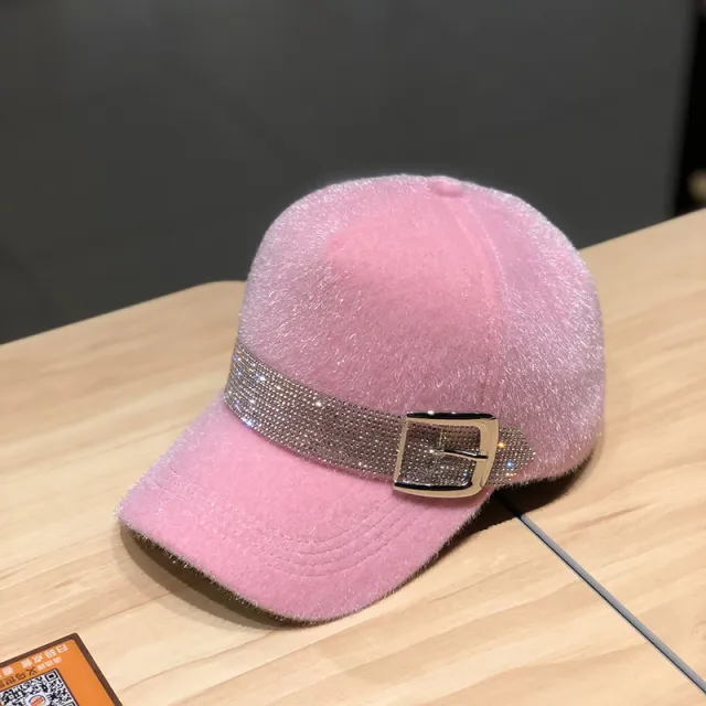 Street Fashion Diamond Baseball Korean Fashion Winter Warm Outdoor All matching Peaked Cap Pink - Shop at LoveMi