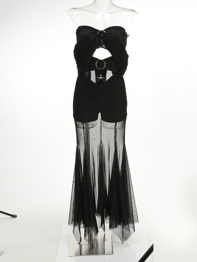 Women's Solid Color Off-neck Mesh See-through Long Sleeve Pleated Dress