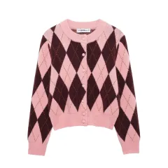 Rhombus Jacquard Round Neck Knit Casual Coat - Picture Color-S - View 1