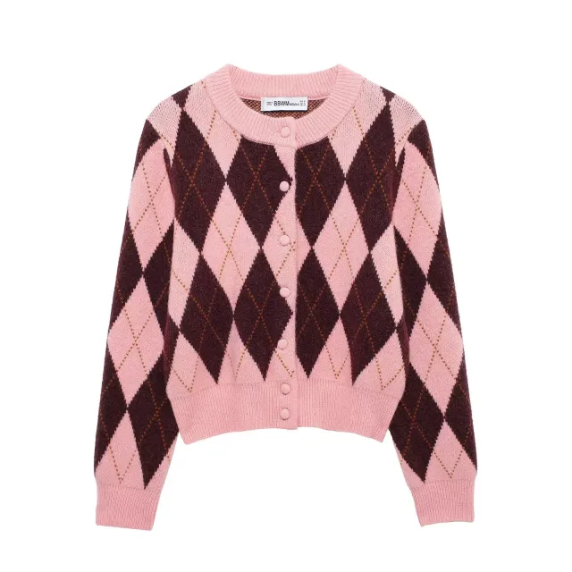Rhombus Jacquard Round Neck Knit Casual Coat Picture Color S - Shop at LoveMi
