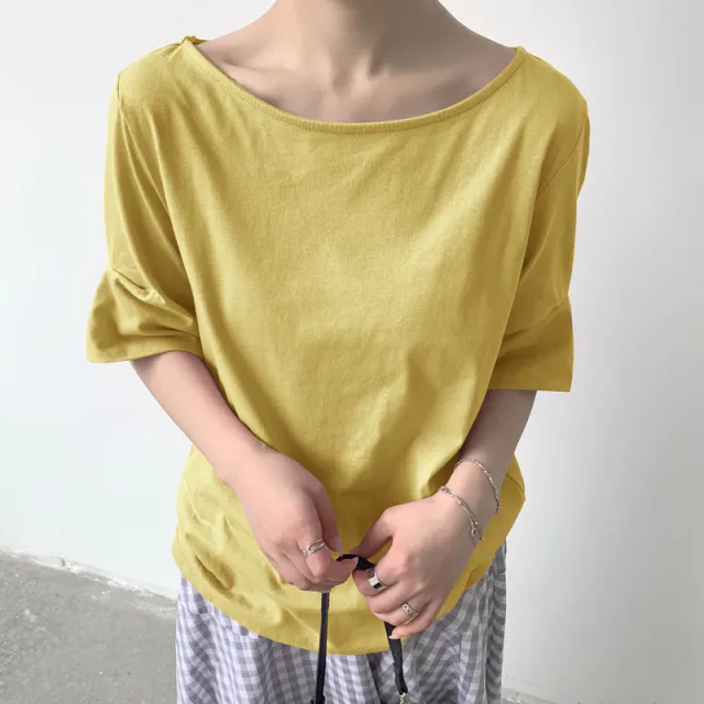Leisure Artistic Versatile Loose Striped Solid Color Half Sleeve T shirt Ginger Yellow - Shop at LoveMi