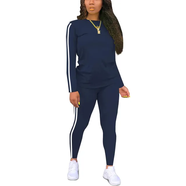 Women's Round neck Long sleeve Top And Pants Two piece Set Purplish Blue - Shop at LoveMi