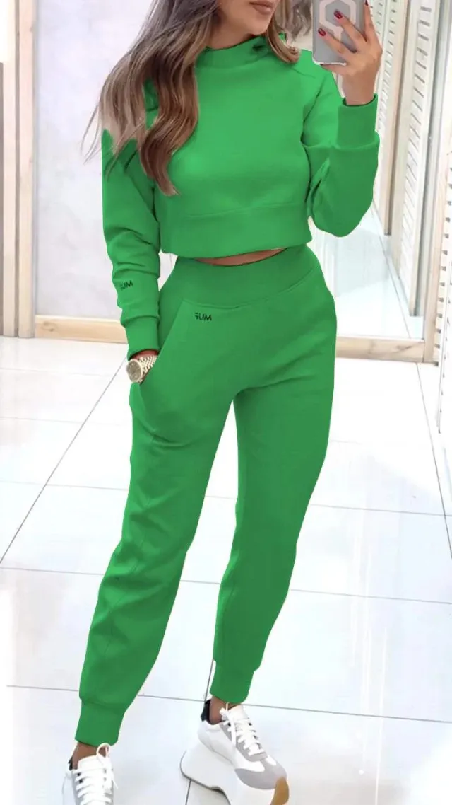 Stand Collar Sports Suit Fashion Pullover Long sleeves Short Top And Slim Trousers With Pockets Solid Outfits Women's Clothing Green - Shop at LoveMi